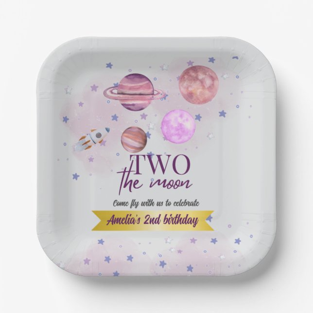Assiettes En Carton Two The Moon 2nd Birthday Girl Moon Stars Rocket  (Recto)