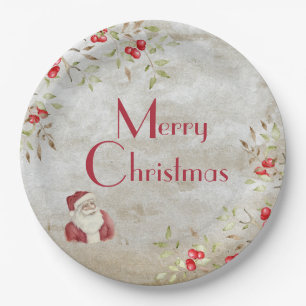 Assiettes En Carton Typographie "Joyeux Noël" Aquarelle Père Noël
