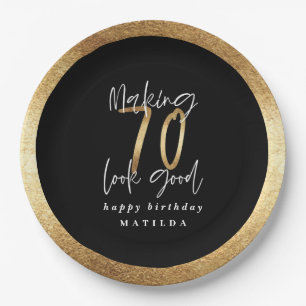 Assiettes En Carton Typographie moderne noir et or 70e anniversaire