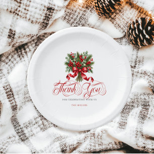 Assiettes En Carton Typographie rouge Merci Ruban rouge de Noël Holly
