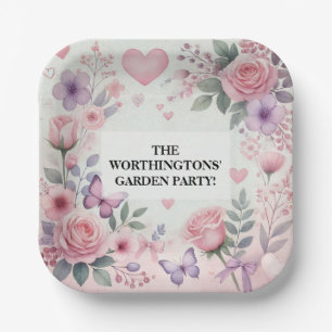 Assiettes En Carton Typographie texte coeur floral romantique aquarell