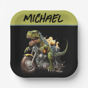 Assiettes En Carton Tyrannosaurus Rex Dinosaur Monter une moto