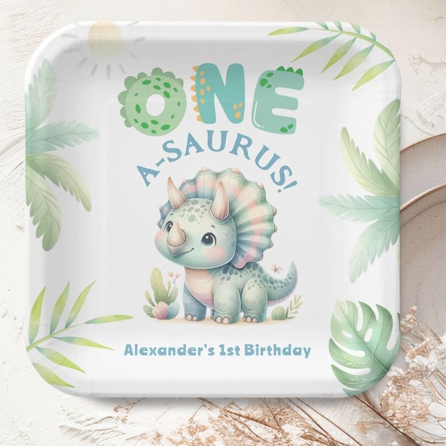 Assiettes En Carton Un A-Saurus Triceratops Dinosaur 1er anniversaire (Créateur téléchargé)
