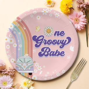 Assiettes En Carton Un Babe Retro Super Arc-en-ciel 1er anniversaire