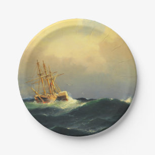 Assiettes En Carton Un bateau à vapeur dans une tempête dans l'océan A