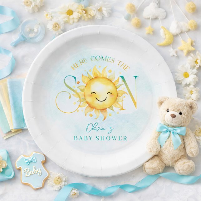 Assiettes En Carton Un beau soleil, voilà le Baby shower du Fils (Cute Sunshine Here Comes the Son Baby Shower Paper Plates)
