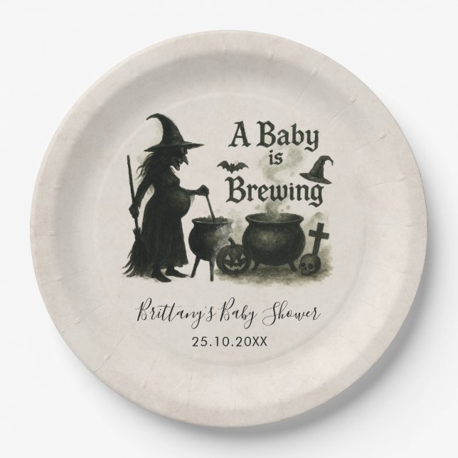Assiettes En Carton Un bébé brasse un Baby shower d'Halloween (Devant)