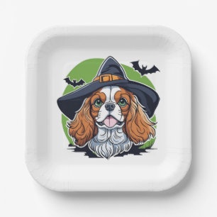 Assiettes En Carton Un chien portant un chapeau de sorcière avec des c