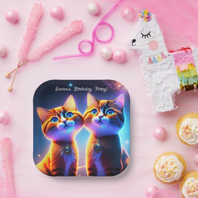 Assiettes En Carton Un couple de chats mignons sous le ciel étoilé - (Fête)