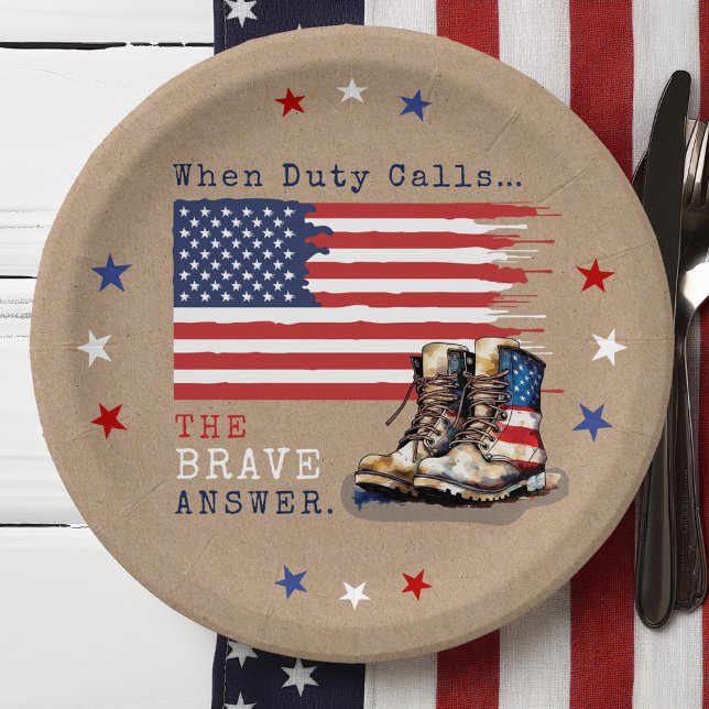 Assiettes En Carton Un drapeau militaire américain renverse la RUSTIQU (Patriotic Military Party US Flag Combat Boots going away farewell party table decor paper plates)