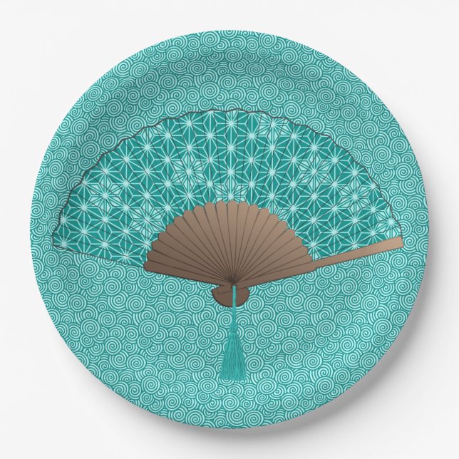 Assiettes En Carton Un fan japonais à Asanoha motif, Turquoise (Devant)