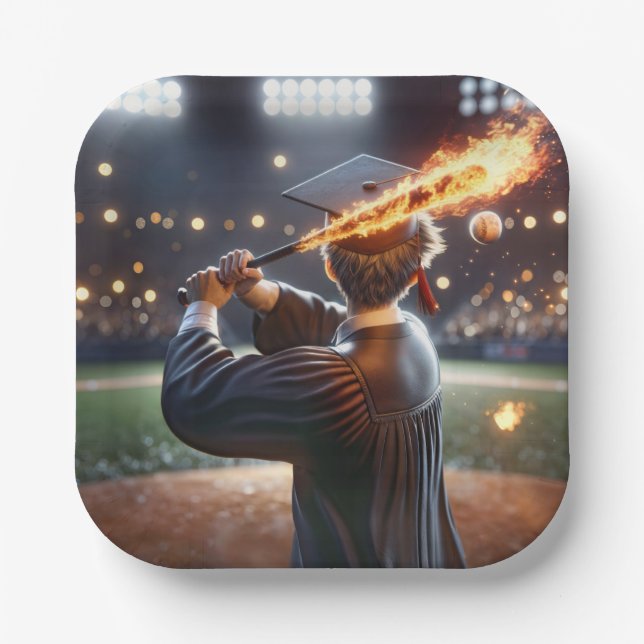 Assiettes En Carton Un garçon diplômé qui balance une chauve-souris de (Recto)