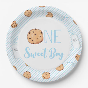 Assiettes En Carton Un Garçon Mignon Lait et Cookies bleu Anniversaire