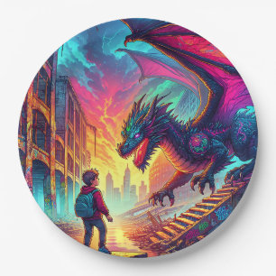 Assiettes En Carton Un garçon rencontre un dragon dans un monde dystop