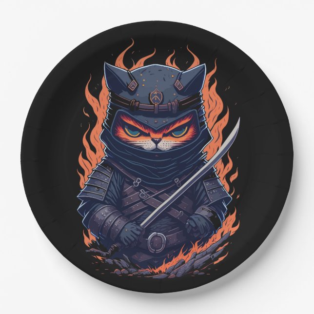 Assiettes En Carton un guerrier de chat avec une épée dans la main (Devant)