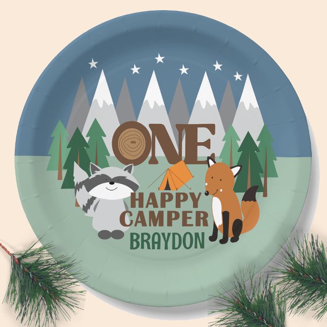 Assiettes En Carton UN Happy Camper Woodland Camping Cute Mountain (ONE happy camper custom paper plate for a 1st birthday! )