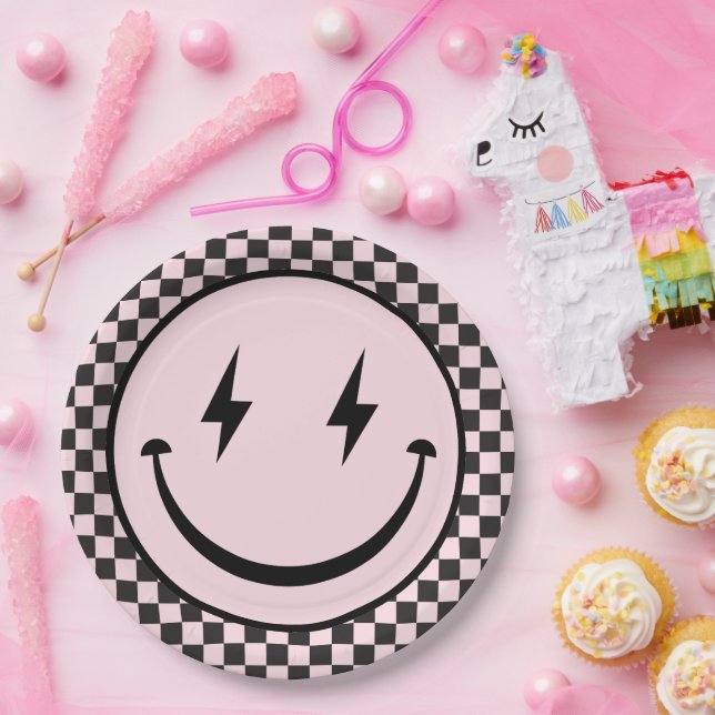 Assiettes En Carton Un joyeux bébé rose joyeux visage 1er anniversaire (Fête)