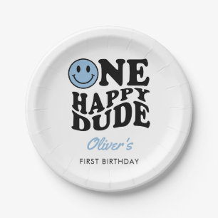 Assiettes En Carton Un joyeux Dude Blue Retro Happy Face 1er anniversa