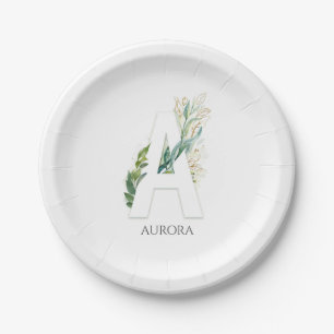 Assiettes En Carton Un nom élégant de feuilles de verdure en or monogr