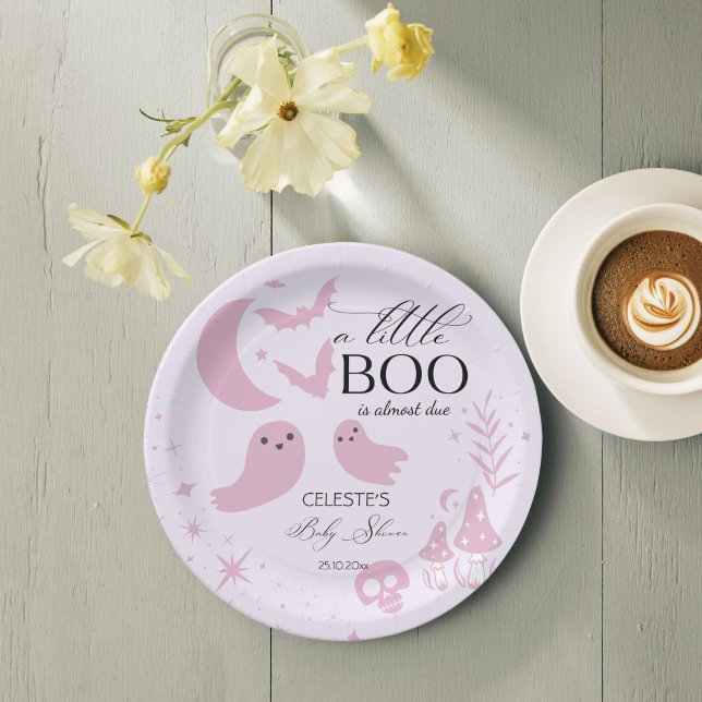 Assiettes En Carton Un petit baby shower d'Halloween rose pastel (A little boo cute pastel pink Halloween baby shower customized Paper Plates personalized table decor)