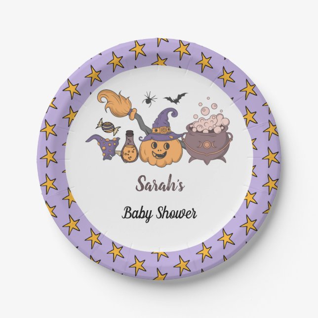 Assiettes En Carton Un petit Baby shower d'Halloween violet Boo (Devant)