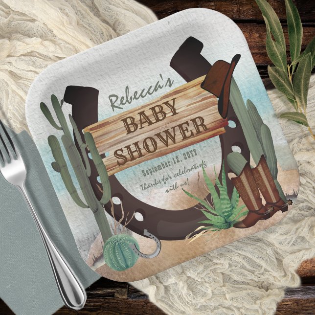 Assiettes En Carton Un petit Baby shower Western Boy Cowboy (A Little Cowboy Rustic Western Horseshoe Boy Baby Shower Paper Plates)