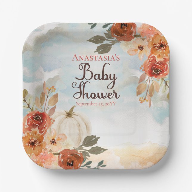 Assiettes En Carton Un Petit Citrouille | Papier Baby shower Floral Gi (Recto)