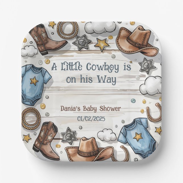 Assiettes En Carton Un petit cowboy est sur la voie du Baby shower Pap (Recto)