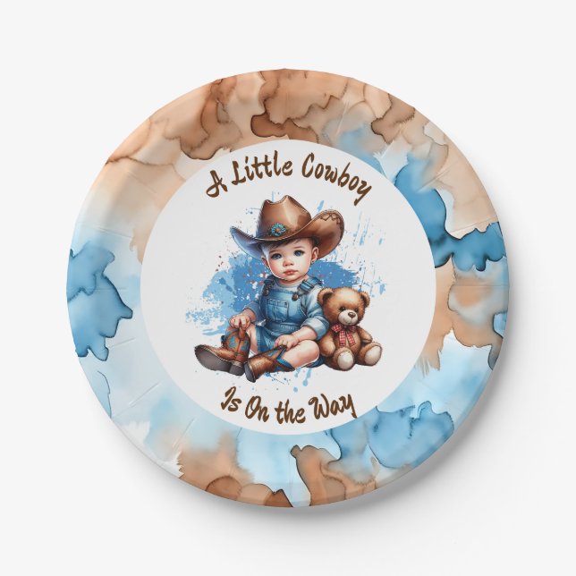 Assiettes En Carton Un petit cowboy est sur le chemin | Baby shower (Devant)