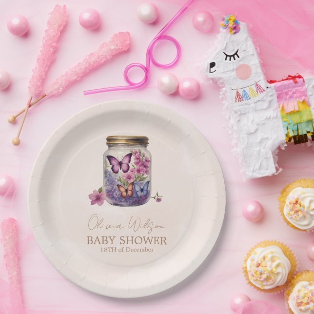Assiettes En Carton Un petit papillon dans un baby shower floral en po (Fête)