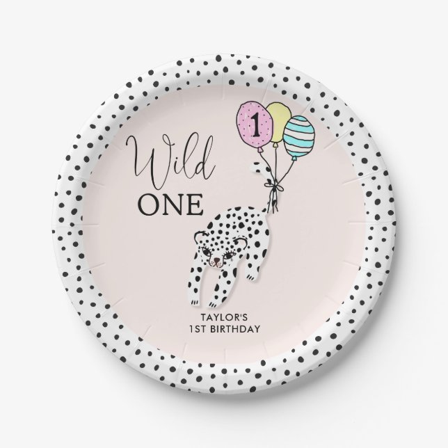 Assiettes En Carton Un sauvage | Balloon Leopard 3D fille 1er annivers (Devant)