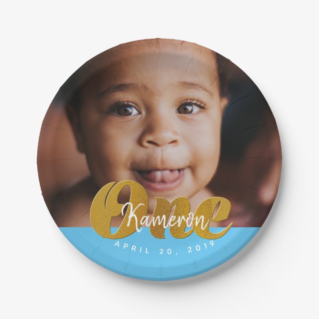 Assiettes En Carton UN| Shimmer l'or|Première photo d'anniversaire (Devant)