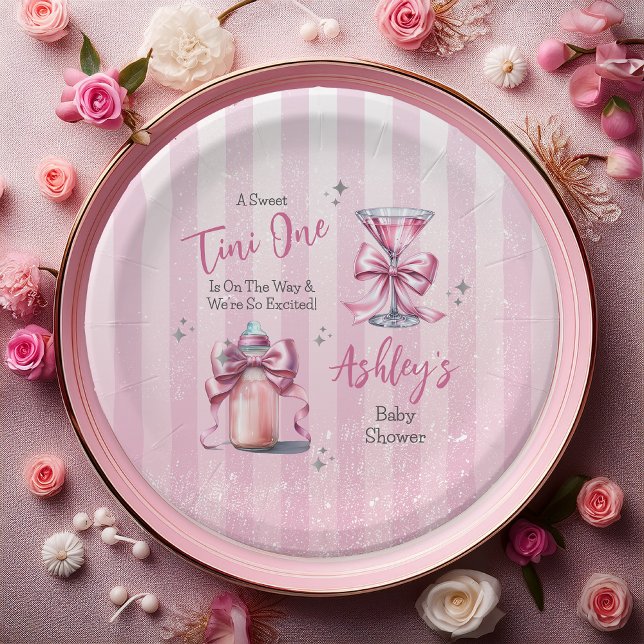 Assiettes En Carton Un Tini sucré Un Coquette Rose Baby shower fille ("A Sweet Tini One Is On the Way . . ." Coquette Bows Martini | Bottle Girl Baby Shower Paper Plates)