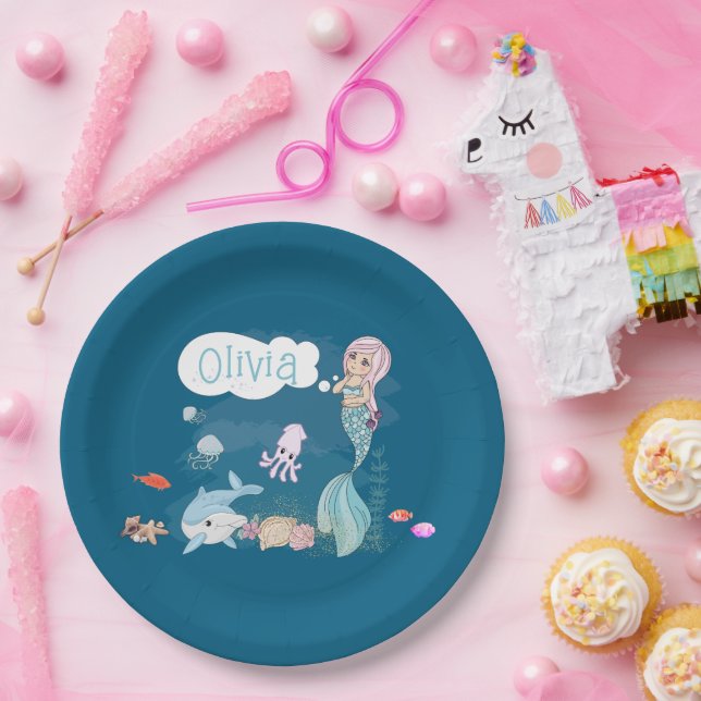 Assiettes En Carton Under the Sea Sweet Mermaid Personalized (Fête)