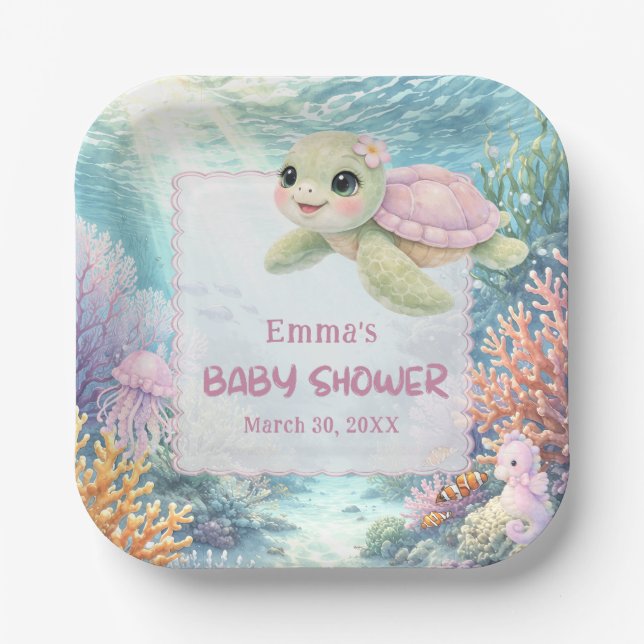 Assiettes En Carton Under the Sea Turtle Girl Baby Shower (Recto)