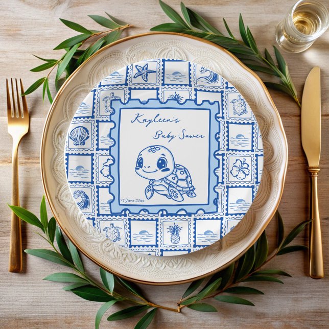 Assiettes En Carton Under the sea turtle retro post stamp monogrammed (Under the sea turtle retro post stamp turtle baby shower monogrammed paper plates personalized decor)