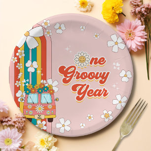Assiettes En Carton Une année Super Retro Arc-en-ciel 1er anniversaire