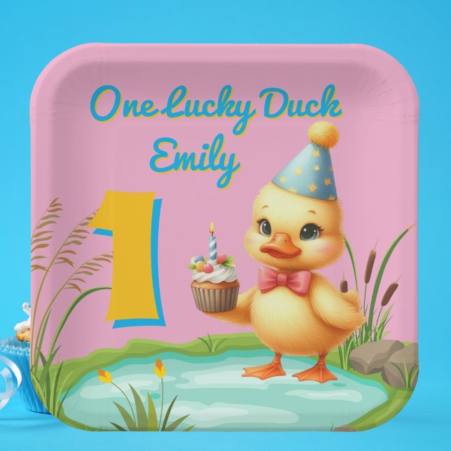 Assiettes En Carton Une Lucky Duck Girl 1er Anniversaire Plaque papier (Créateur téléchargé)