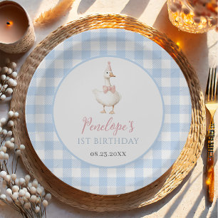 Assiettes En Carton Une Oie Idiote Filles 1er Anniversaire Bleu Gingha