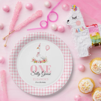 Assiettes En Carton Une oie idiote, rose en vichy 1er anniversaire de