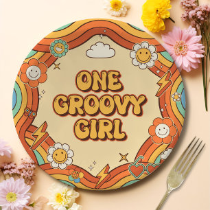 Assiettes En Carton Une Super Fille Retro Arc-en-ciel 1er fête d'anniv