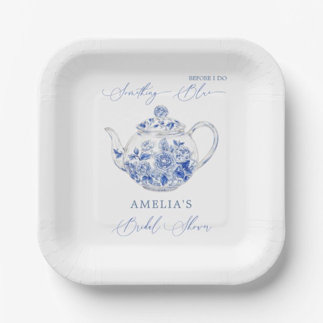 Assiettes En Carton Une théière en toile Fête des mariées bleue (Recto)