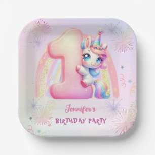 Assiettes En Carton Unicorn 1er Anniversaire Rose Girl Cute Papier Nap