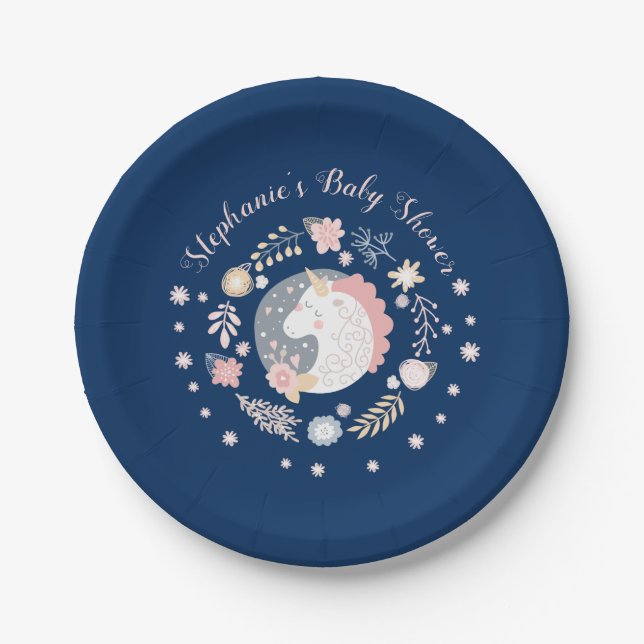 Assiettes En Carton Unicorn Blush & Navy Baby shower Personnalisé (Devant)