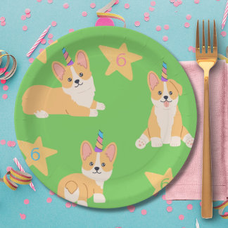 Assiettes En Carton Unicorn fille Anniversaire, Corgi âge personnalisé