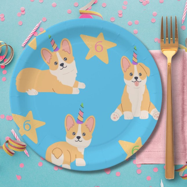 Assiettes En Carton Unicorn fille Anniversaire, Corgi âge personnalisé (Créateur téléchargé)