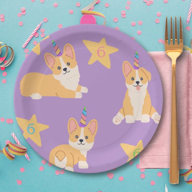 Assiettes En Carton Unicorn fille Anniversaire, Corgi âge personnalisé (Créateur téléchargé)