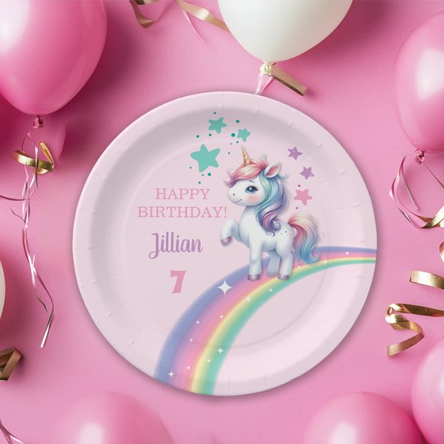 Assiettes En Carton Unicorn Magique fête d'anniversaire (Colorful Magical Unicorn and Rainbow Girl Happy Birthday Paper Plate)