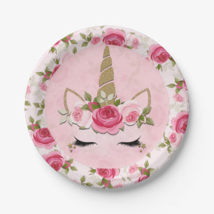 Assiettes En Carton Unicorn Or rose Floral Rose mignonne tendance