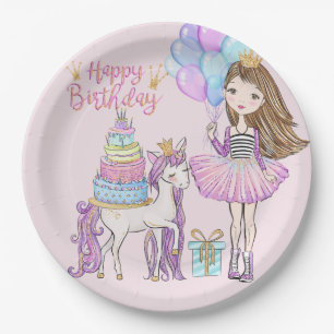 Assiettes En Carton Unicorn Princesse Cool Brunette Fille Anniversaire